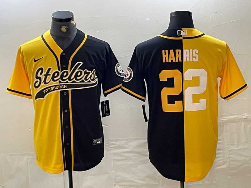 Men%27s Pittsburgh Steelers #32 Franco Harris Yellow Black Split With Patch Cool Base Stitched Baseball Jersey Dzhi